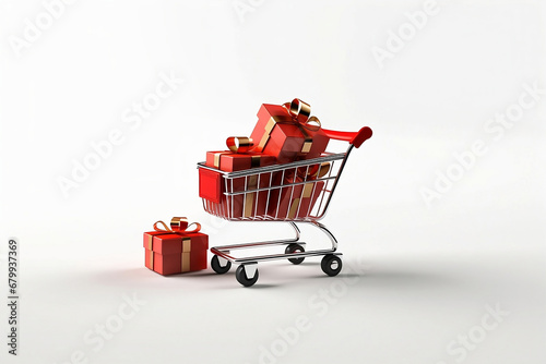 Supermarket cart with red gift boxes with gold ribbons. E commerce. Generative AI.