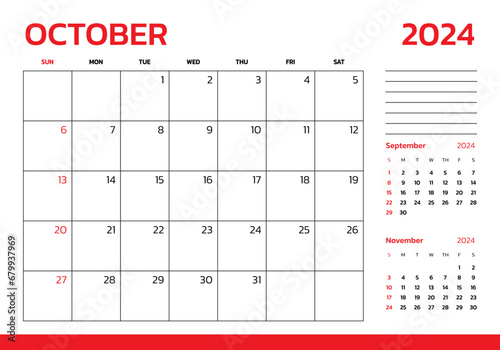 October 2024 Calendar. Week start on Sunday. Desk calendar 2024 design, simple and clean design, Wall calendar for print, digital calendar, Corporate design planner template vector.