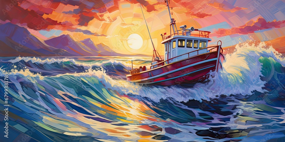 a painting of a boat riding a wave in the ocean, in the style of light red and violet, colorful muralist, generative AI - obrazy, fototapety, plakaty 