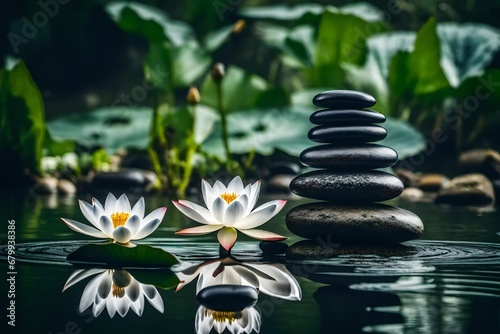  Beautiful lotus flower and stack of stones on water surface.