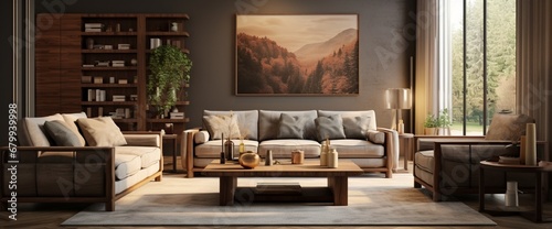 Living room with sofa, carpet, wood panels and stylish decorations