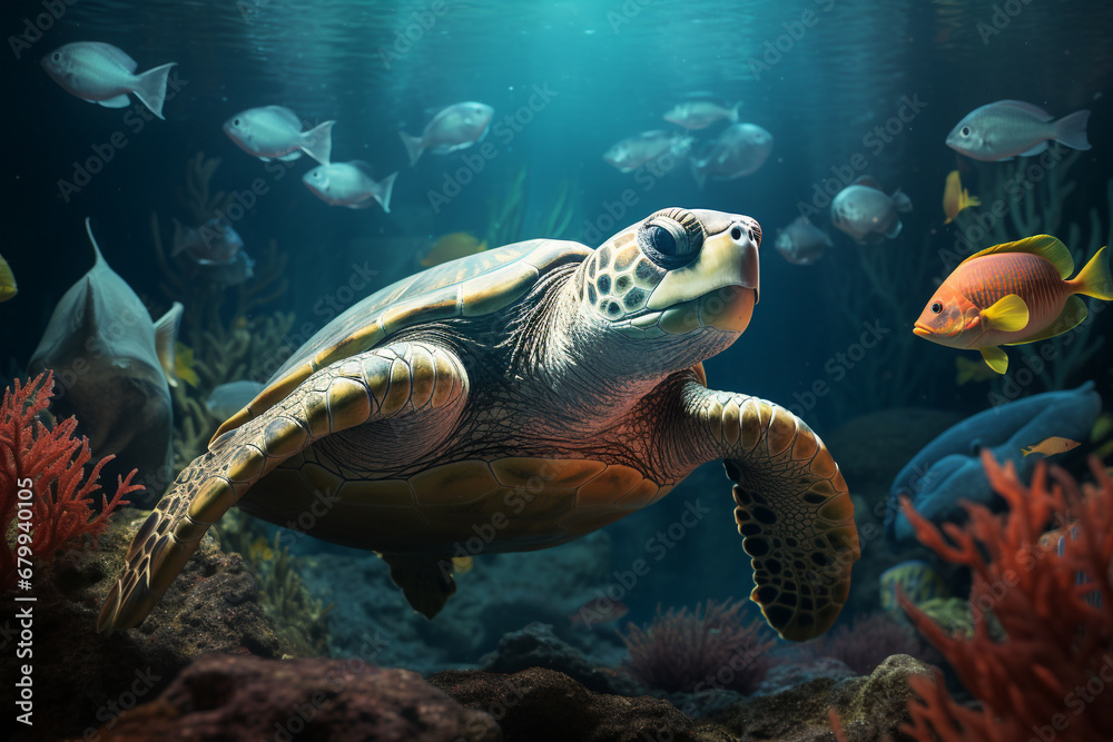 Turtle under the blue sea