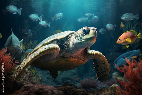 Turtle under the blue sea