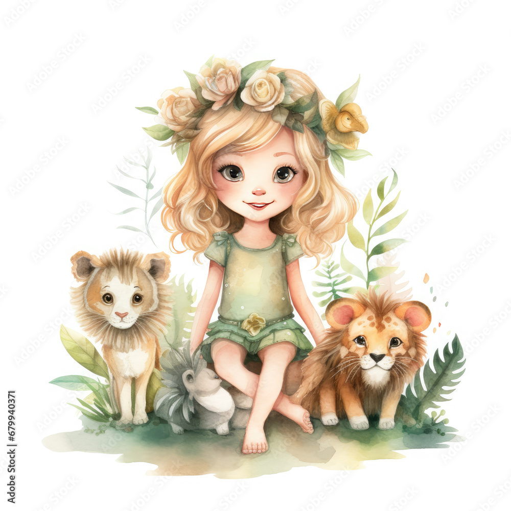 Safari Animal set little fairie in colorful dresses Illustration, Generative Ai