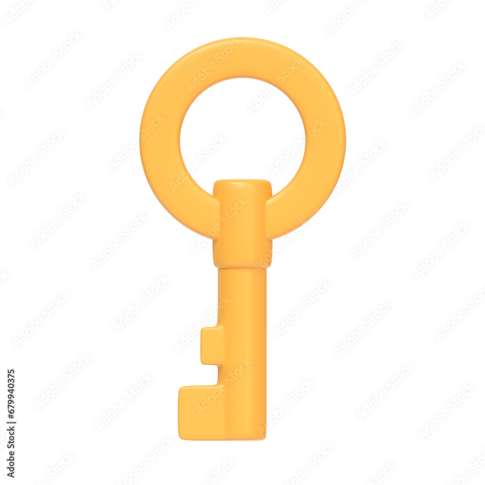Golden key isolated on white background. 3D icon, sign and symbol. Cartoon minimal style. Front view. 3D Render Illustration Golden key isolated on white background. 3D icon, sign and symbol. Cartoon minimal style. Front view. 3D Render Illustration
