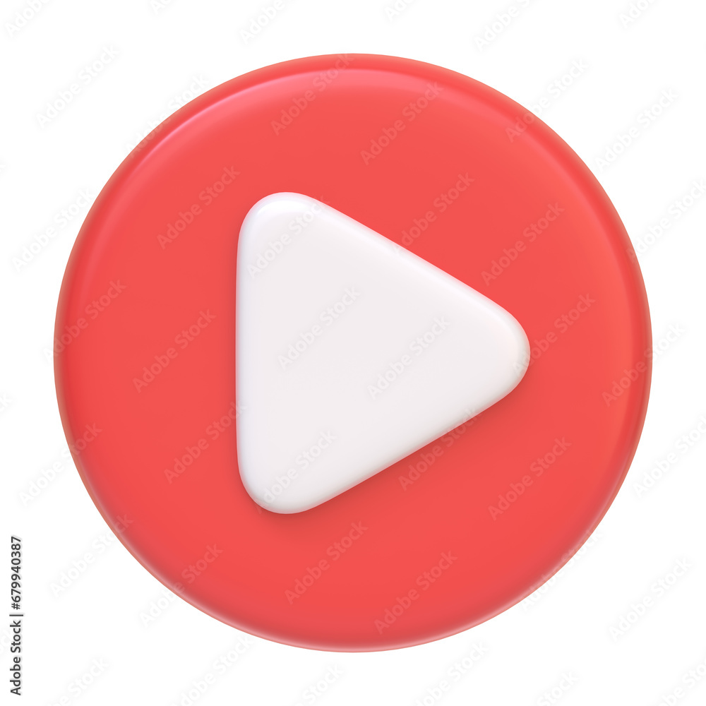 Red round play button isolated on white background. 3D icon, sign and symbol. Cartoon minimal style. Front view. 3D Render Illustration Red round play button isolated on white background. 3D icon, sign and symbol. Cartoon minimal style. Front view. 3D Render Illustration