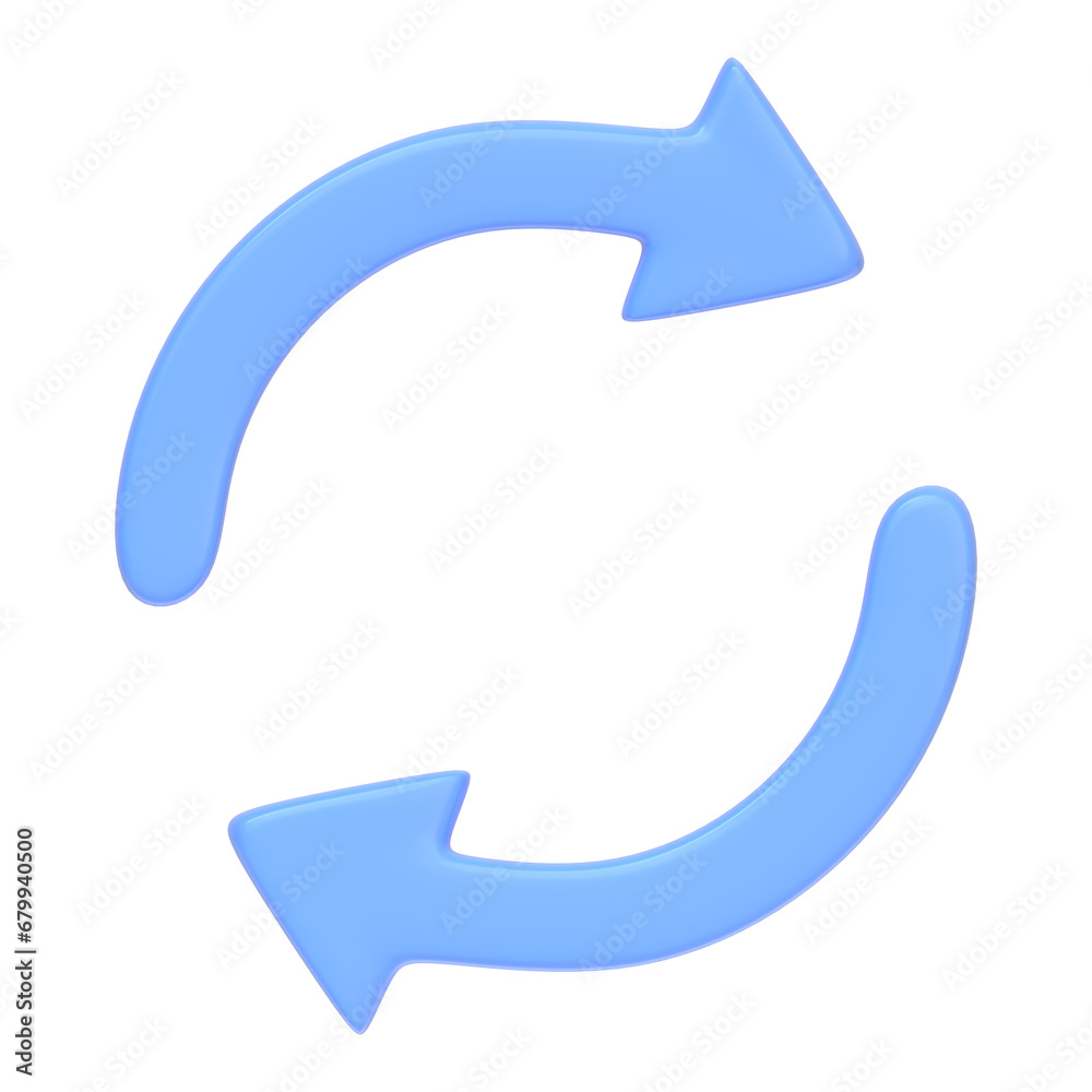 Two blue arrows icon, update symbol isolated on white background. 3D icon, sign and symbol. Cartoon minimal style. Front view. 3D Render Illustration Two blue arrows icon, update symbol isolated on white background. 3D icon, sign and symbol. Cartoon minimal style. Front view. 3D Render Illustration