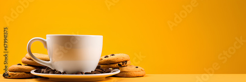 A cup of coffee on a plate with coffee beans on a yellow background, advertising banner, web banner, Place for your text, copy space, empty space, Generative AI