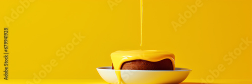 A person pouring sauce onto a dessert on a plate on a yellow background, advertising banner, web banner, Place for your text, copy space, empty space, Generative AI