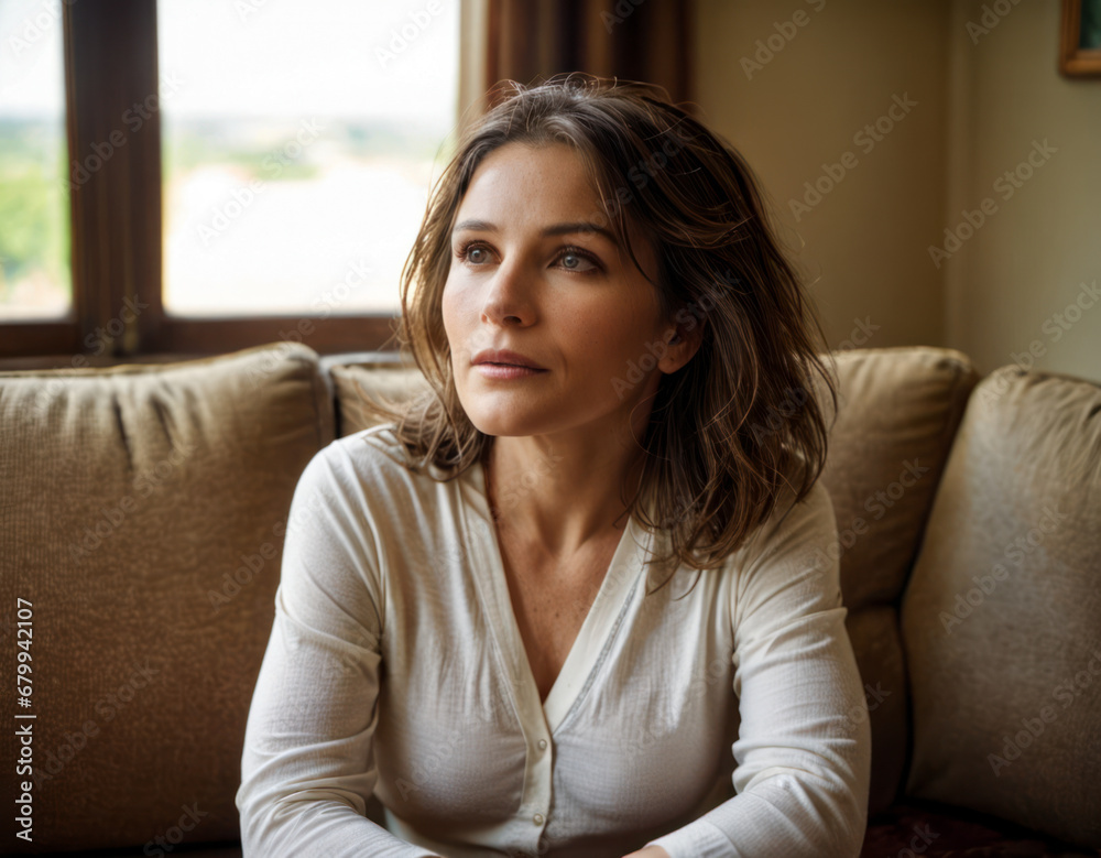 ソファに座り遠くを見つめる女性 Woman sitting on a sofa, staring into the distance ソファに座り遠くを見つめる女性 Woman sitting on a sofa, staring into the distance