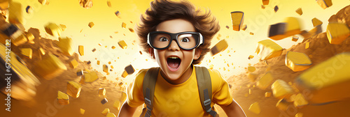  An engaging 3D rendering that portrays a kid immersed in online play, creatively designed on a sunny yellow background, Generative AI photo