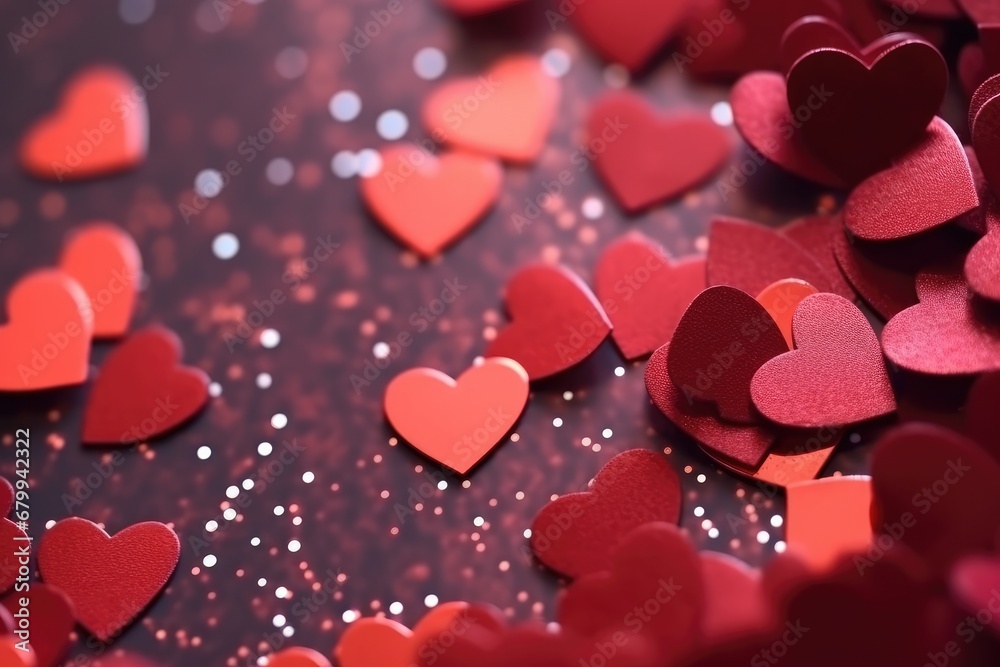  top view red hearts paper bokeh light. valentine day