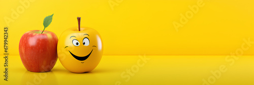Funny apple character standing with arms akimbo on a yellow background, advertising banner, web banner, Place for your text, copy space, empty space, Generative AI photo