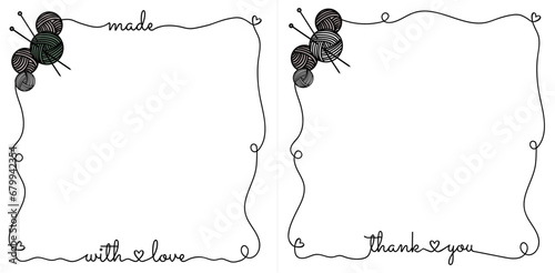 Frame for knitters.  Balls of yarn and knitting needles. Add your care recommendations