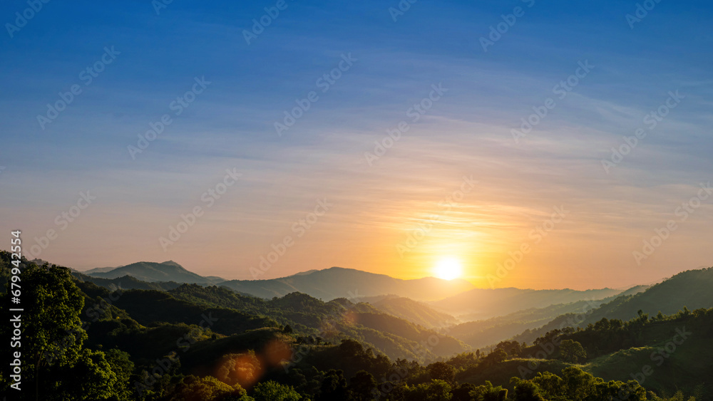 Beautiful mountains valley view with sunset sky background. Nature picture countryside landscape