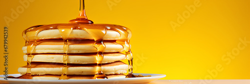 Pancakes with syrup being poured on top on a yellow background, advertising banner, web banner, Place for your text, copy space, empty space, Generative AI