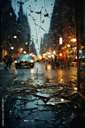 Concept broken glass reveals city night view
