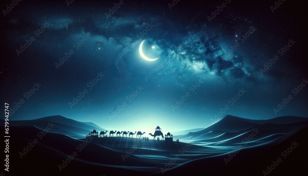  A tranquil desert landscape at dusk for Eid Mubarak, with Islamic cultural symbols including lanterns, a mosque silhouette, and stars