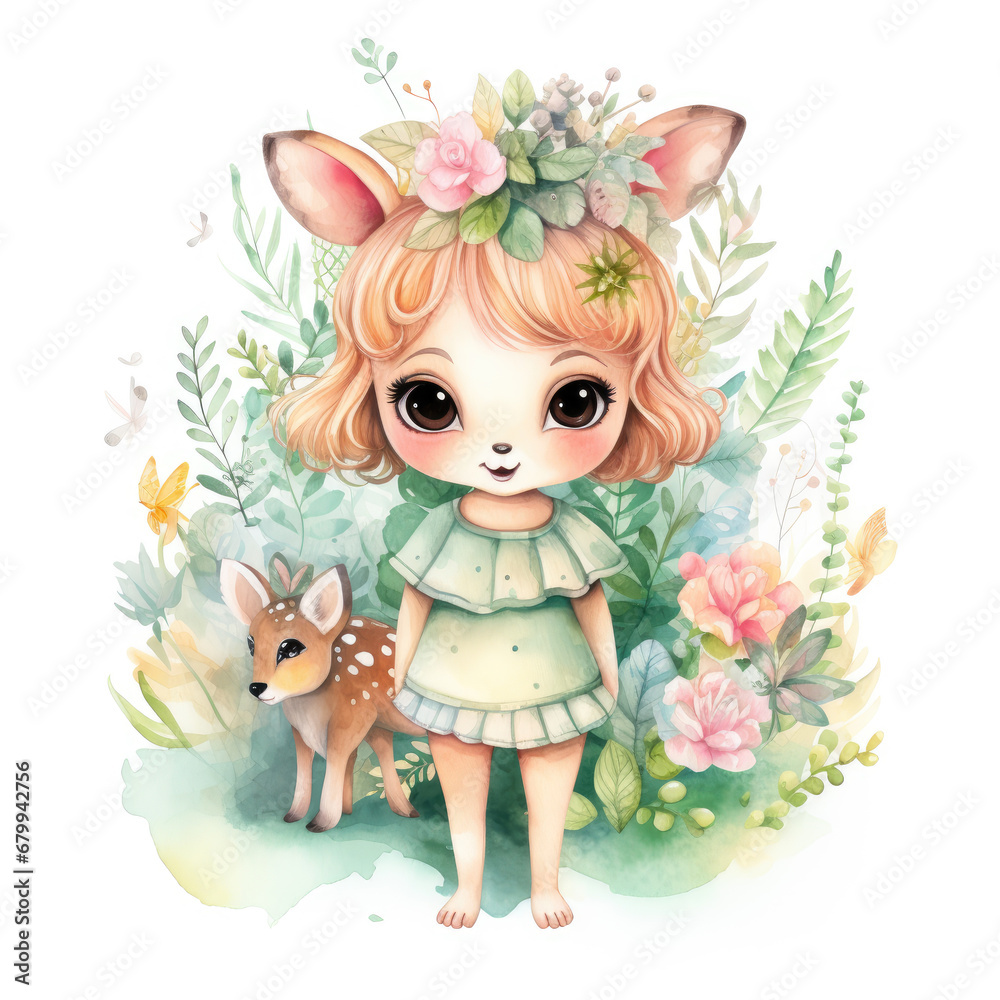 Safari Animal set little fairie in colorful dresses Illustration, Generative Ai