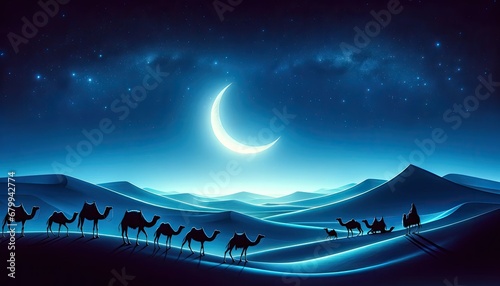  A tranquil desert landscape at dusk for Eid Mubarak, with Islamic cultural symbols including lanterns, a mosque silhouette, and stars