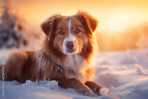 Dog playing and running in snow with morning light © Sawai Thong