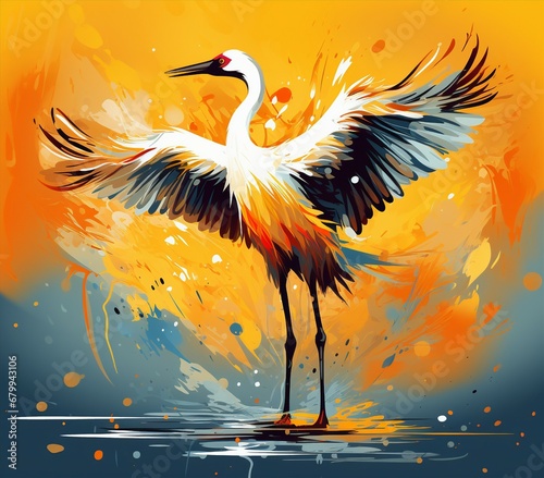 Colorful Abstract Crane Bird Painting Wall Art with Generative AI photo