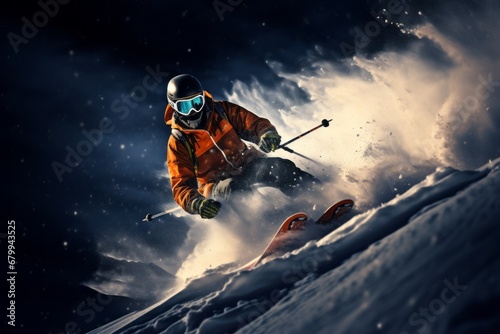 A man skiing down in the snowy mountains. Freeride. Downhill skiing from the mountainside. Beautiful mountain landscape.