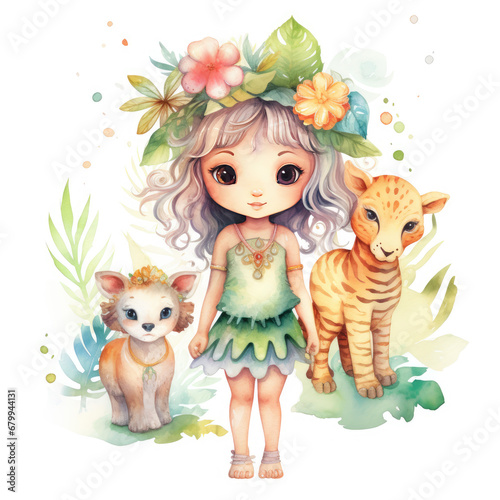 Safari Animal set little fairie in colorful dresses Illustration  Generative Ai
