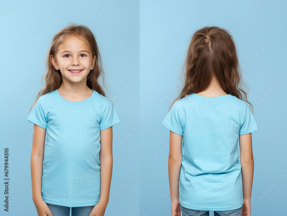 Front and back views of a little girl wearing a blue T-shirt Front and back views of a little girl wearing a blue T-shirt