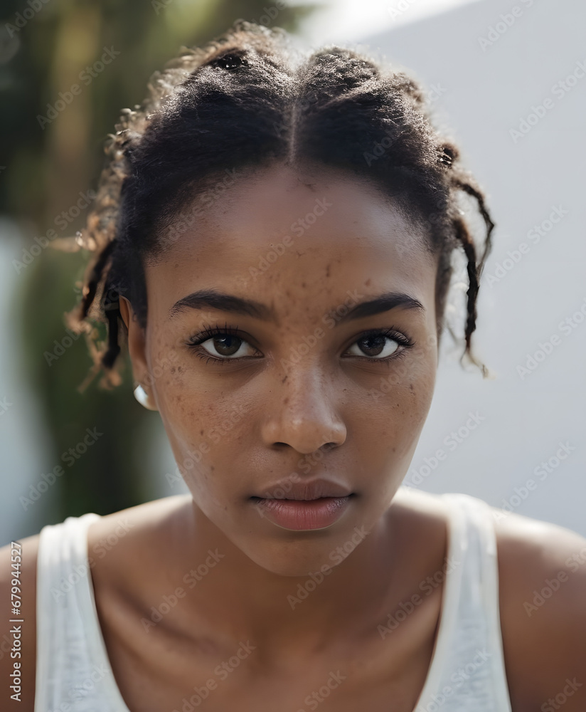 Close-up portrait of a young woman with a thoughtful expression, showcasing natural hair and freckled skin, embodying themes of dermatology, skin care, and the minimalist approach to cosmetics. Close-up portrait of a young woman with a thoughtful expression, showcasing natural hair and freckled skin, embodying themes of dermatology, skin care, and the minimalist approach to cosmetics.