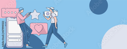 Virtual characters social communication concept business flat vector hand drawn illustration
