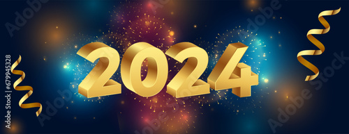 3d style 2024 golden lettering new year celebration banner with ribbon