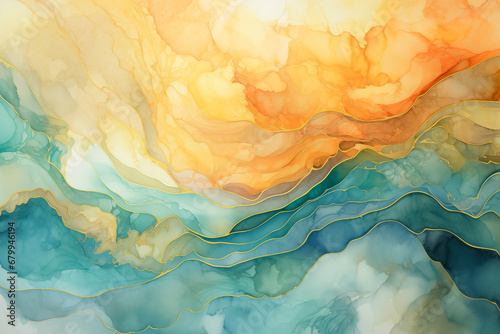 Abstract ocean wave with sun and sky, curvy lines and fluid swirls. Happy blue, yellow pastel colors summer sky vacation travel background, watercolor graphic resource. Copy space, backdrop for text