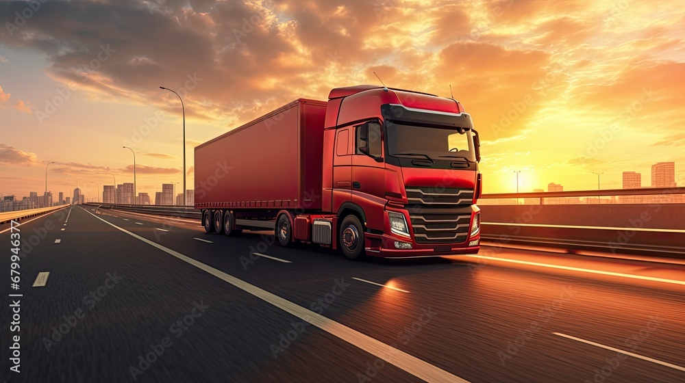 truck on highway road with red container transportation
