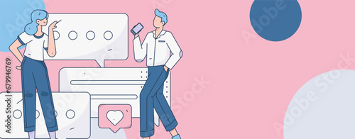 Virtual characters social communication concept business flat vector hand drawn illustration
