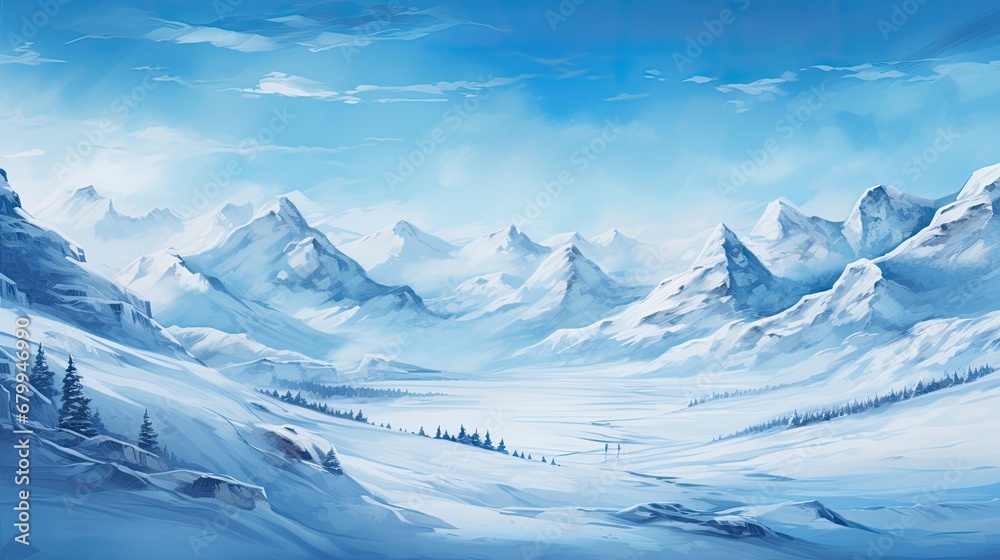 Fantasy snowy landscape with blue sky