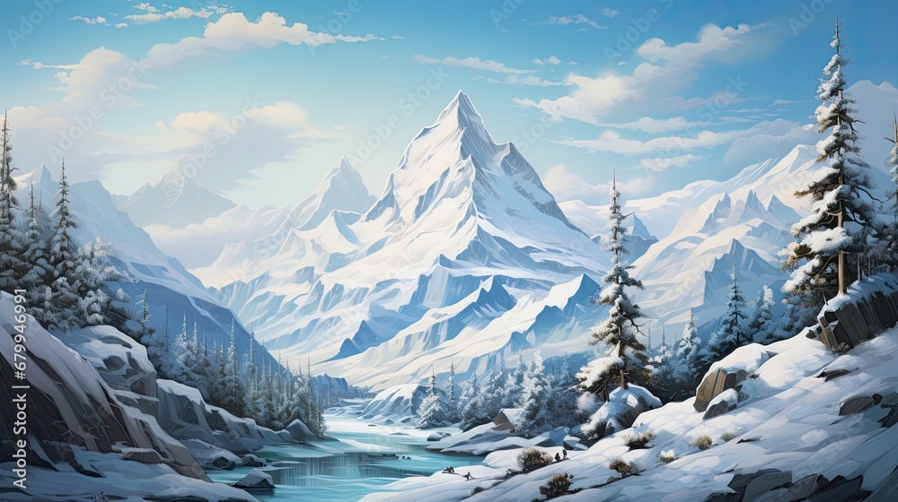 Fantasy snowy landscape with blue sky