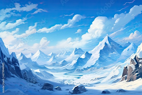 Fantasy snowy landscape with blue sky