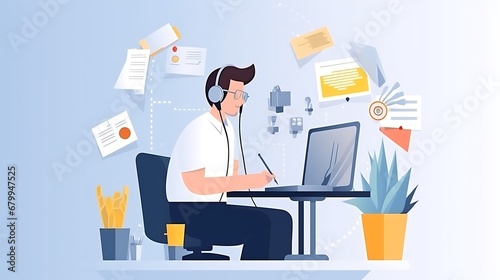A man works in call center office. Global call center, online support, customer service concept. 