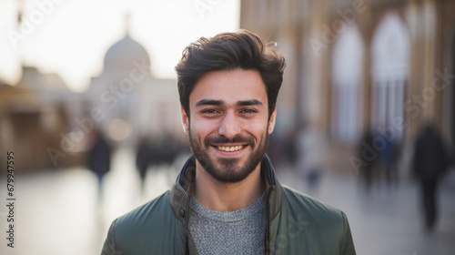 Portrait of Iranian man in front of Iranian city