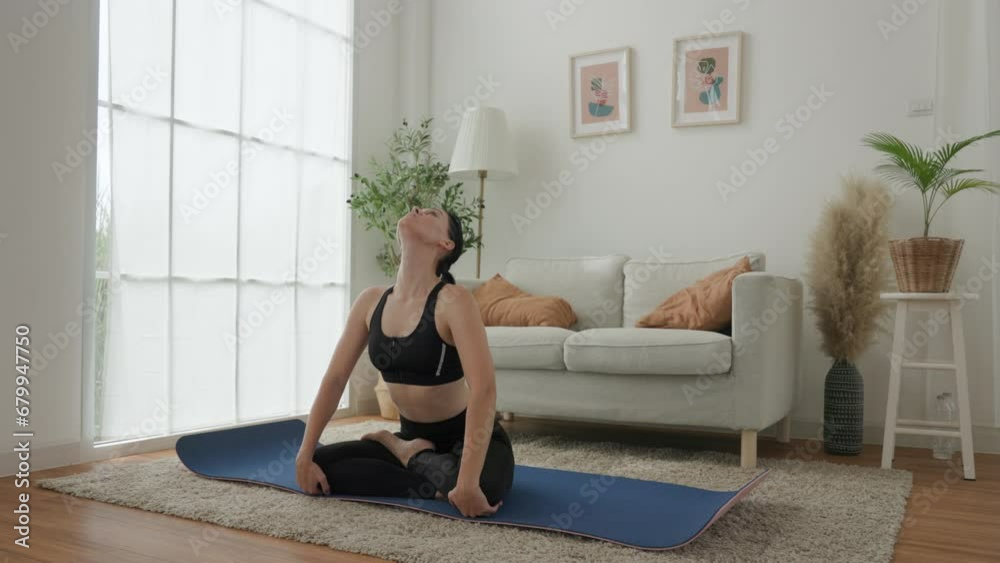 Engaged in Yoga, Woman Morning Stretch in a Sunlit Space Engaged in Yoga, Woman Morning Stretch in a Sunlit Space