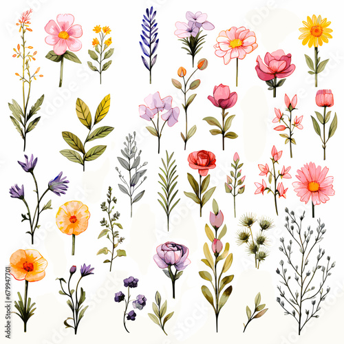 Set of wild field flowers clipart, isolated on white background.
