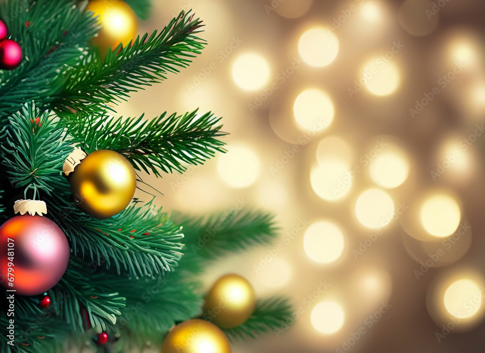 Christmas background with decorative fir tree on blurred neon light background with bokeh Christmas background with decorative fir tree on blurred neon light background with bokeh
