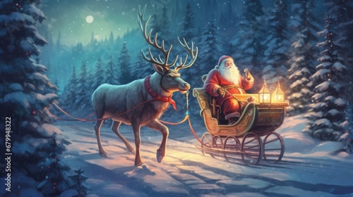 Santa Claus in a winter wonderland  with reindeers and elves preparing for post-Christmas deliveries  in magical fantasy art 