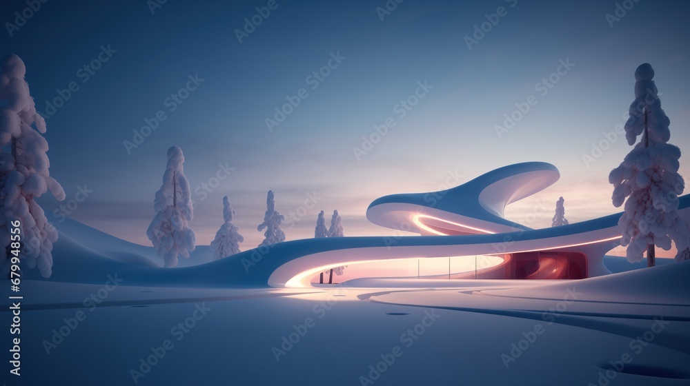 Abstract bionic architectural form in a snowy area in the early winter morning