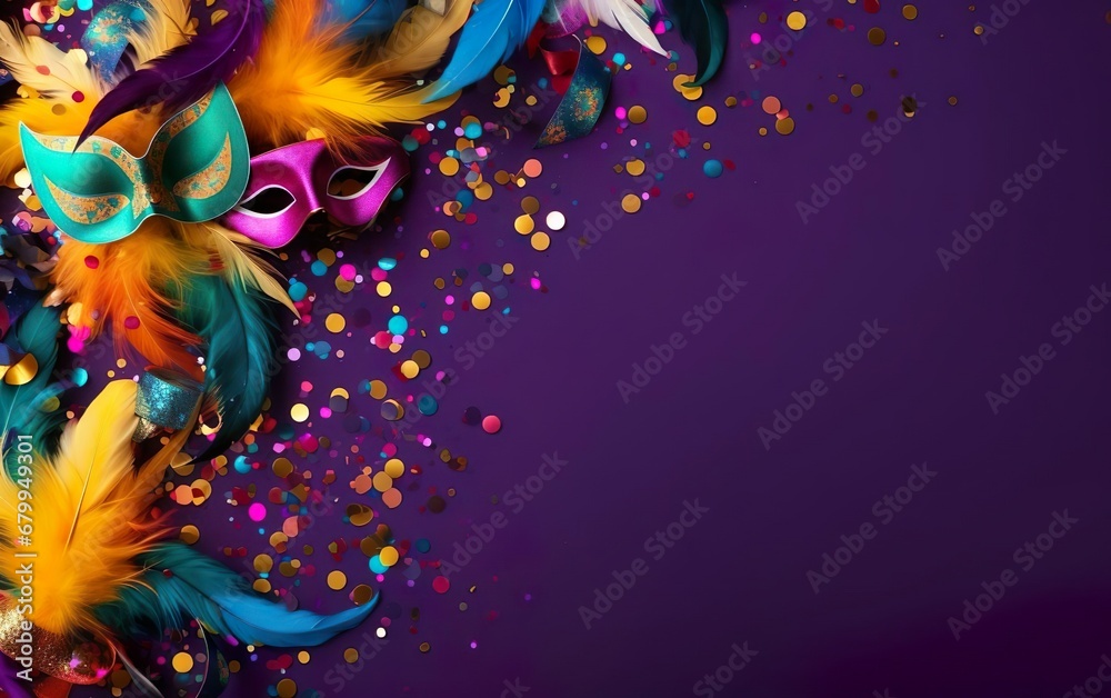 Obraz premium Mardi Gras poster. A banner template with Venetian masquerade masks, confetti and feathers isolated on purple background, copy space at the right. Costume party flyer for carnivals. AI Generative