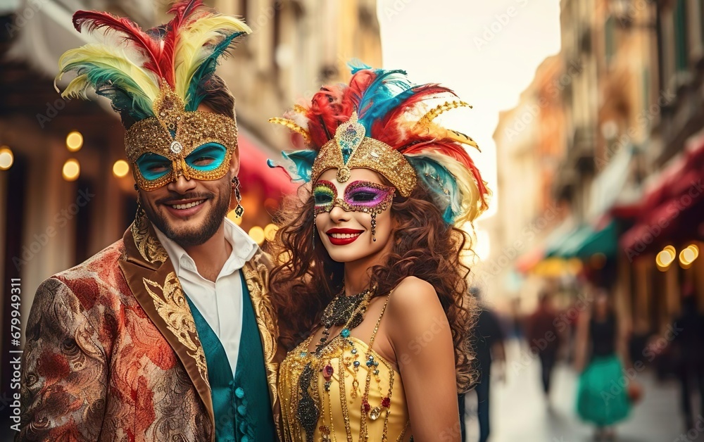 Mardi Gras poster. Happy couple in bright carnival costumes wearing masks on European street, laughing and looking at the left. Venetian masquerade outfit with feathers. Face covering. AI Generative
