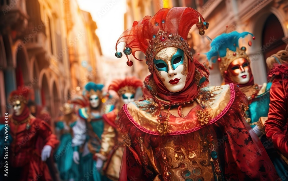 Happy Mardi Gras poster. Close up portrait of a person in red with people in carnival costumes and masks marching on European street. Venetian masquerade party banner. Face covering. AI Generative
