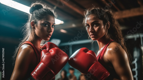 Two female boxers carrying on the ring, boxing gym concept