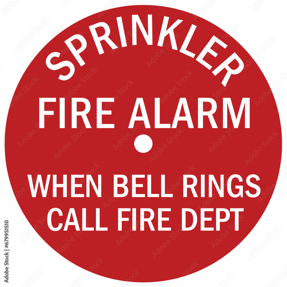 Fire alarm sign and labels sprinkler fire alarm when bell rings call fire department